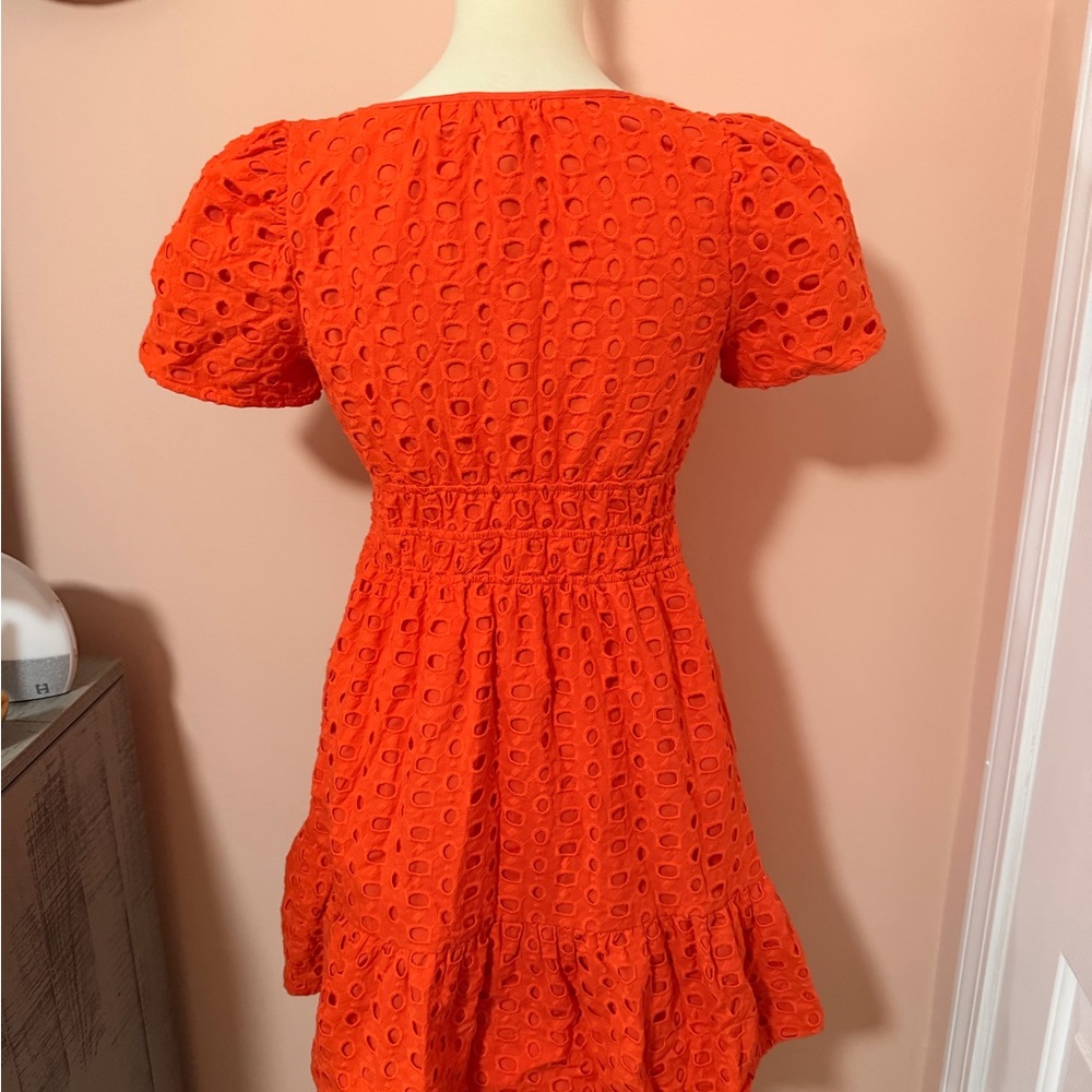 Cynthia Rowley Orange Large Eyelet Smocked Mini Dress w/ Pockets Sz XS - Picture 4 of 11